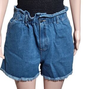 High waist paper bag raw hem medium wash denim short S, M,L